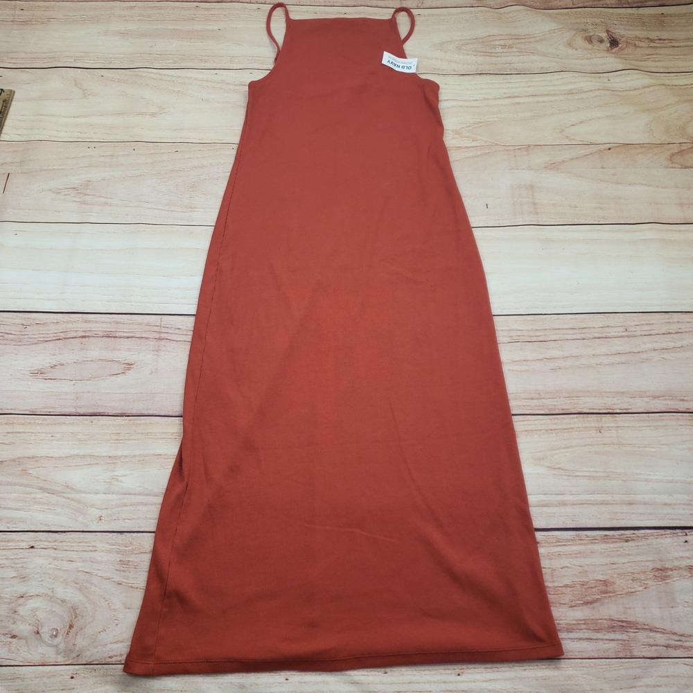 Old Navy Dress Womens XS Rust Orange Ribbed Knit Tank Maxi Sleeveless Casual